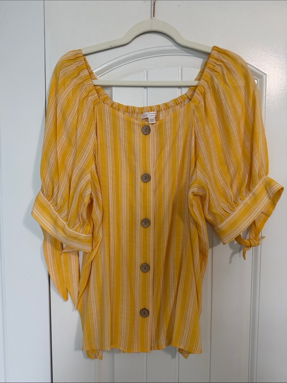 Yellow Striped Button-Front Peasant Top